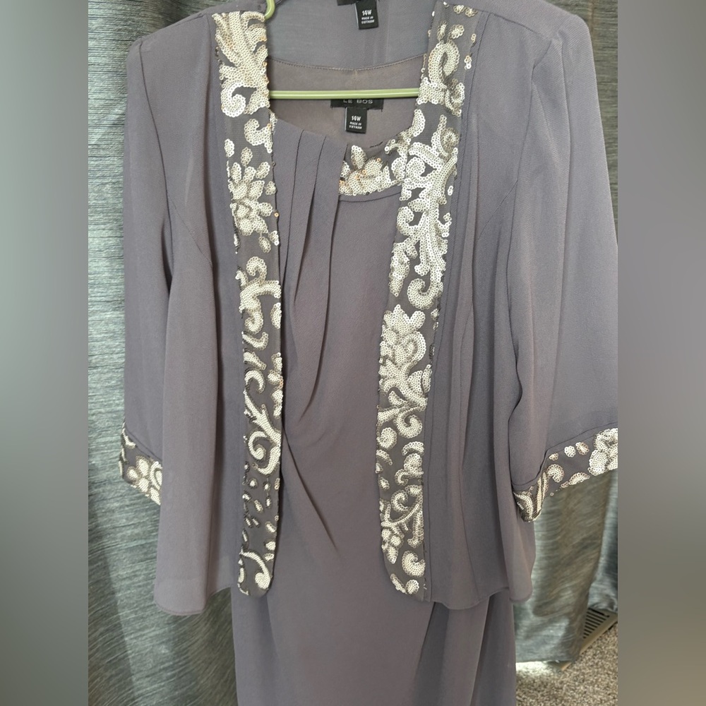 Elegant Gray Midi Dress with Embroidered Jacket